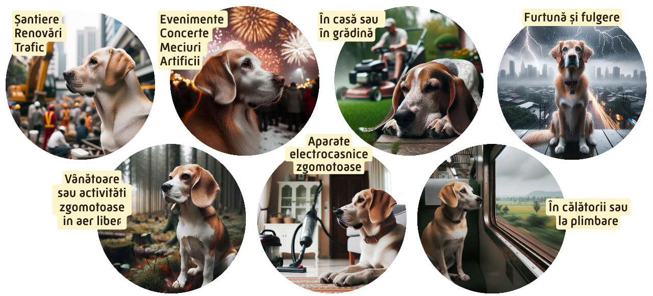 banner cu diverse imagini cu caini in situatii si locuri zgomotoase
