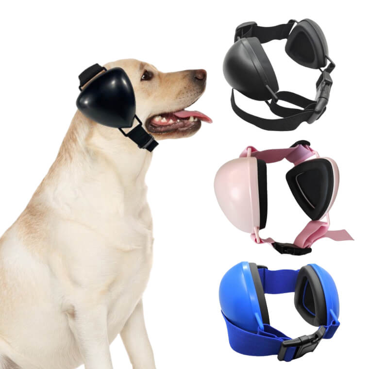 imagine de prezentare casti antifonice, labrador cu casti antifonice pentru caini pe cap si 3 culori diferite de casti antifonice in lateral