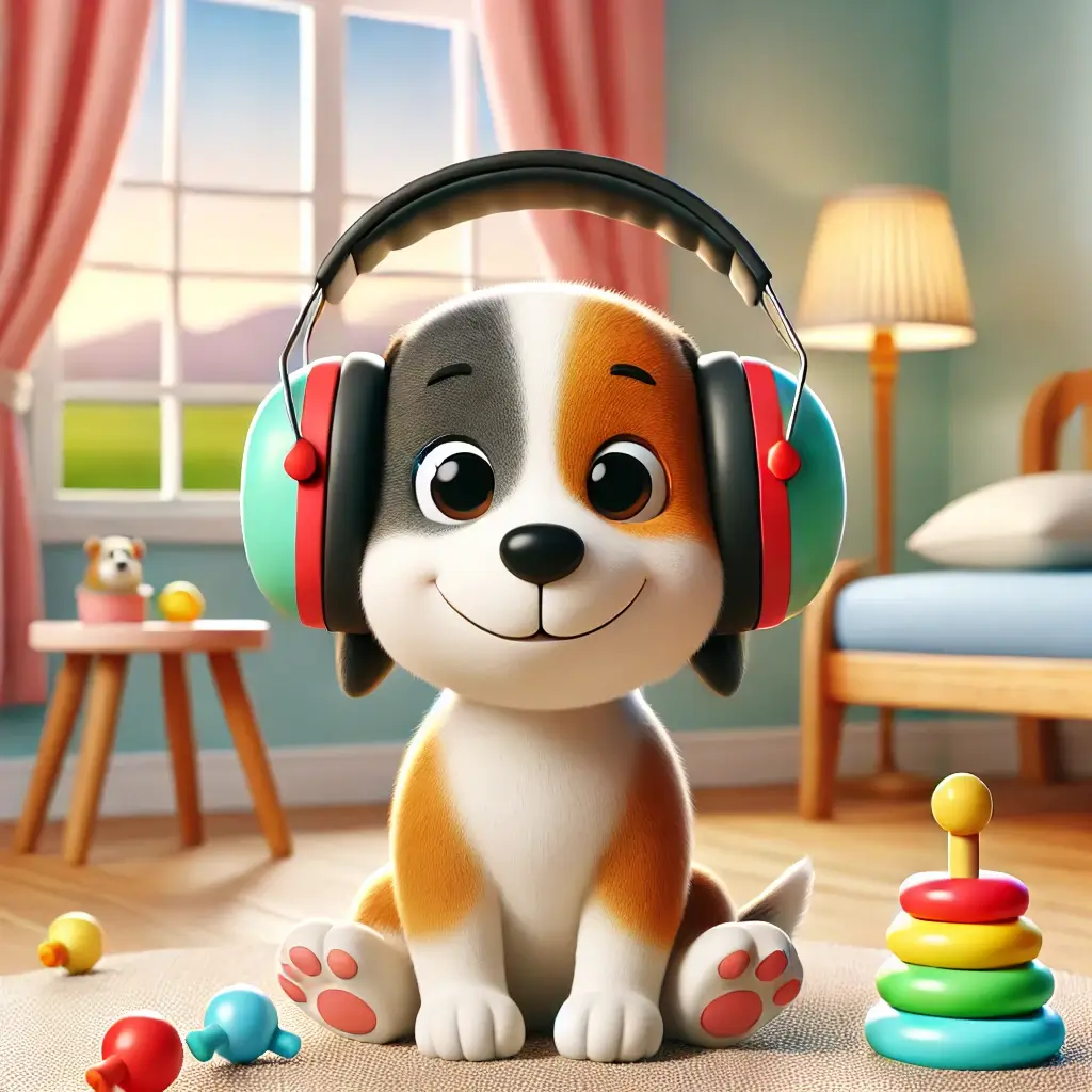 animatie cu catelus cu casti antifonice pe cap