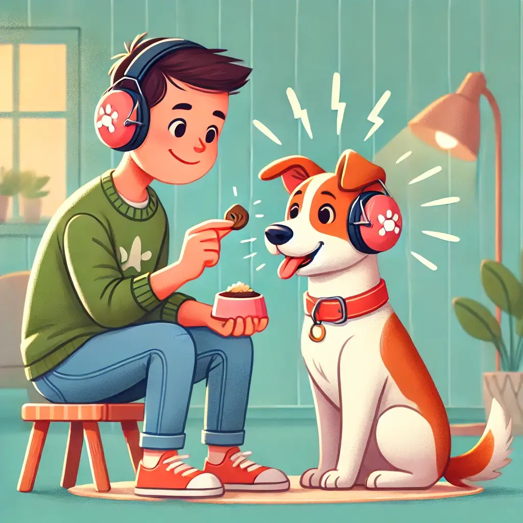 imagine animata cu stapan si catel care poarta amandoi casti antifonice si stapanul ii da o recompensa