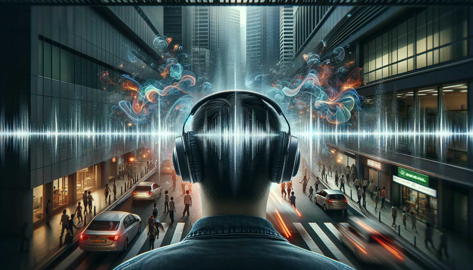 imagine generata de AI cu un barbat care sta cu spatele si are casti antifonice pe cap, imaginea este SF