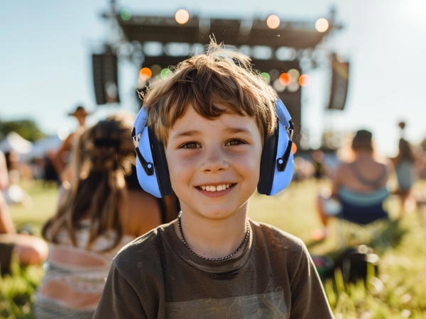 copil fericit cu casti antifonice pe cap iar in fundal este o scena cu lumini 