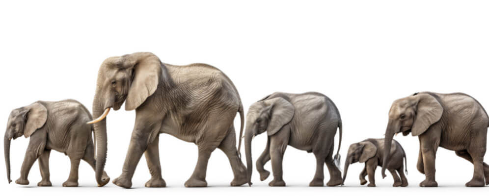 familie de elefanti care merg in sir
